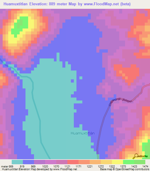 Huamuxtitlan,Mexico Elevation Map