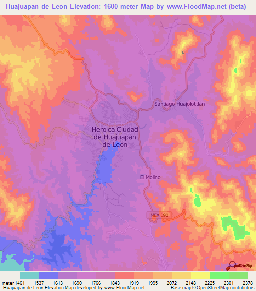 Huajuapan de Leon,Mexico Elevation Map