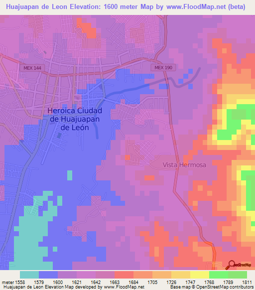 Huajuapan de Leon,Mexico Elevation Map