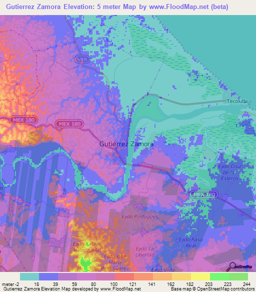 Gutierrez Zamora,Mexico Elevation Map