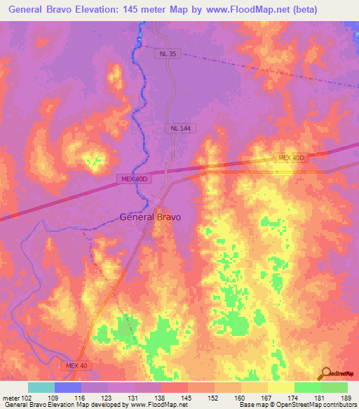 General Bravo,Mexico Elevation Map