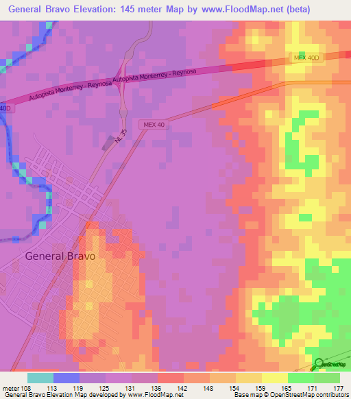 General Bravo,Mexico Elevation Map
