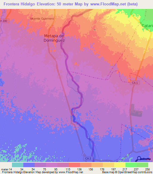 Frontera Hidalgo,Mexico Elevation Map