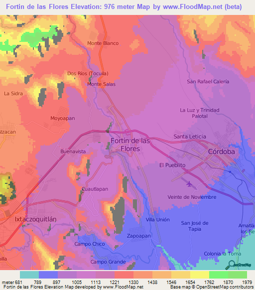 Fortin de las Flores,Mexico Elevation Map