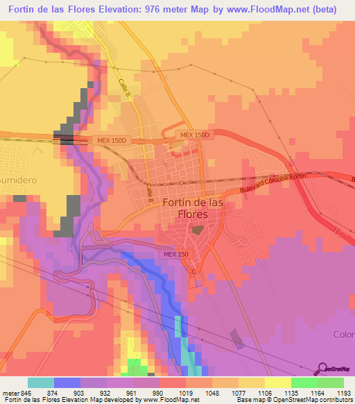 Fortin de las Flores,Mexico Elevation Map