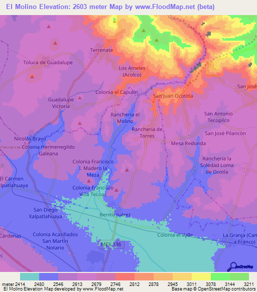 El Molino,Mexico Elevation Map