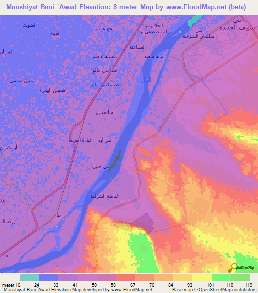 Manshiyat Bani `Awad,Egypt Elevation Map