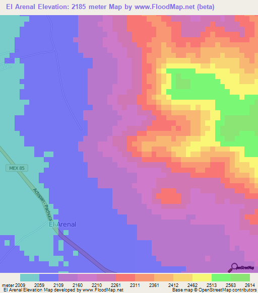 El Arenal,Mexico Elevation Map