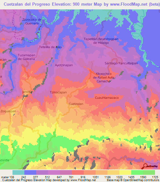 Cuetzalan del Progreso,Mexico Elevation Map