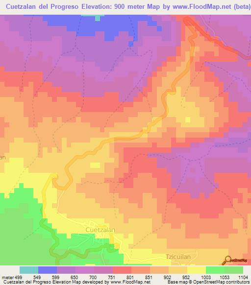 Cuetzalan del Progreso,Mexico Elevation Map