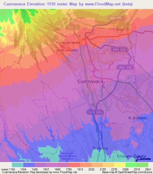 Cuernavaca,Mexico Elevation Map