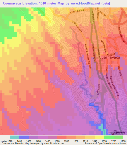 Cuernavaca,Mexico Elevation Map