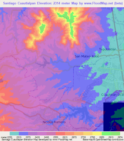 Santiago Cuautlalpan,Mexico Elevation Map