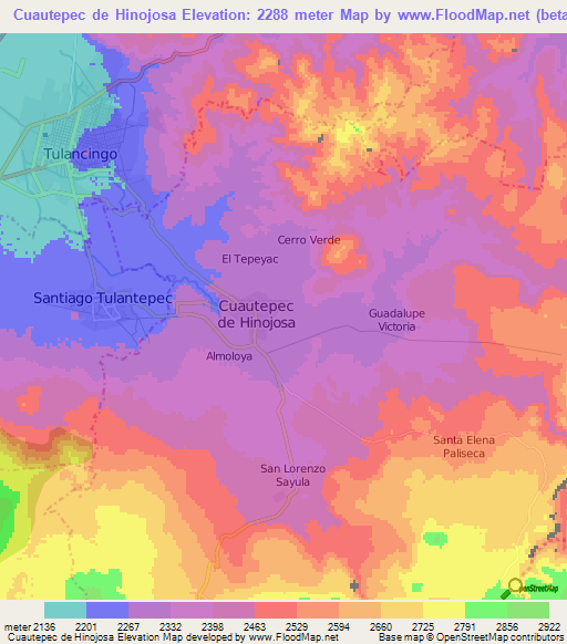 Cuautepec de Hinojosa,Mexico Elevation Map