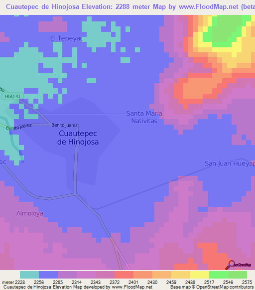 Cuautepec de Hinojosa,Mexico Elevation Map