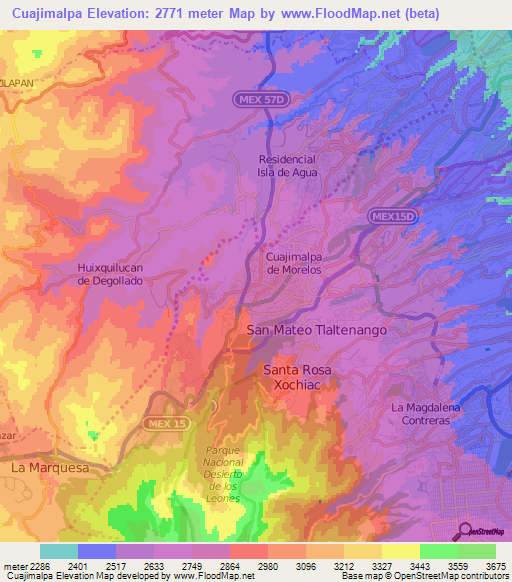 Cuajimalpa,Mexico Elevation Map