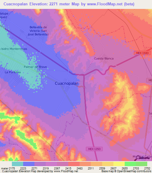 Cuacnopalan,Mexico Elevation Map