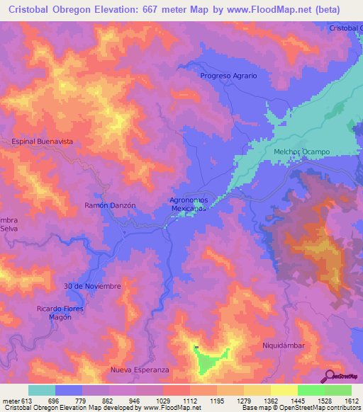 Cristobal Obregon,Mexico Elevation Map