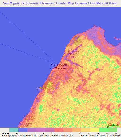 San Miguel de Cozumel,Mexico Elevation Map