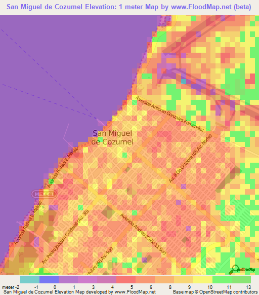 San Miguel de Cozumel,Mexico Elevation Map