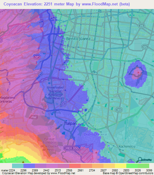 Coyoacan,Mexico Elevation Map