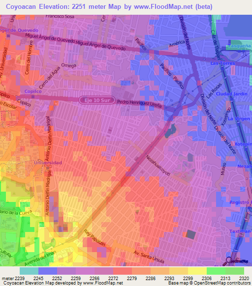 Coyoacan,Mexico Elevation Map