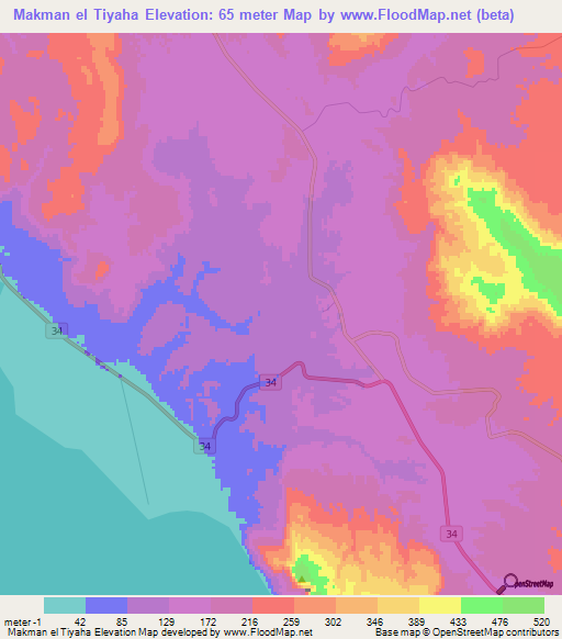 Makman el Tiyaha,Egypt Elevation Map