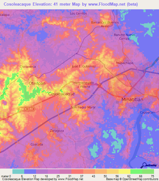 Cosoleacaque,Mexico Elevation Map