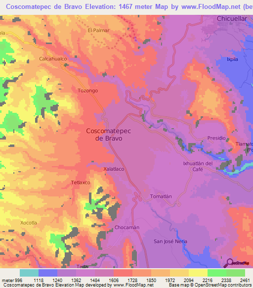 Coscomatepec de Bravo,Mexico Elevation Map
