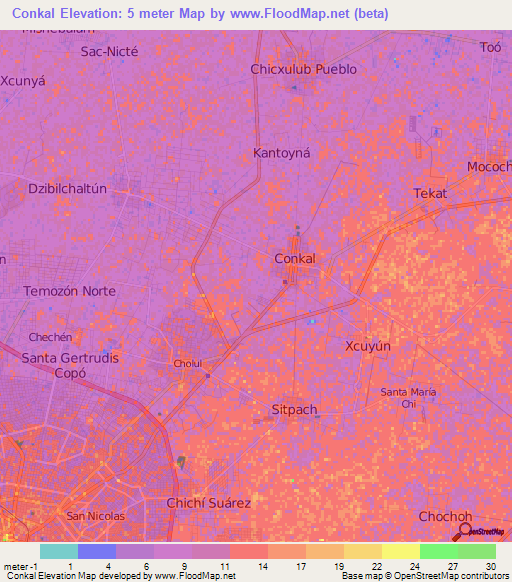 Conkal,Mexico Elevation Map