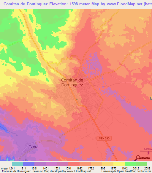 Comitan de Dominguez,Mexico Elevation Map