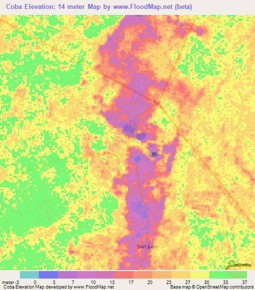 Coba,Mexico Elevation Map