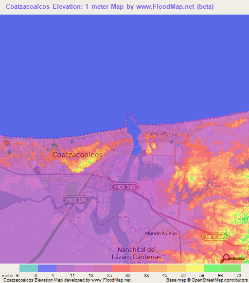 Coatzacoalcos,Mexico Elevation Map