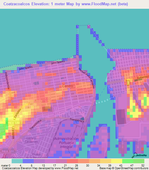 Coatzacoalcos,Mexico Elevation Map