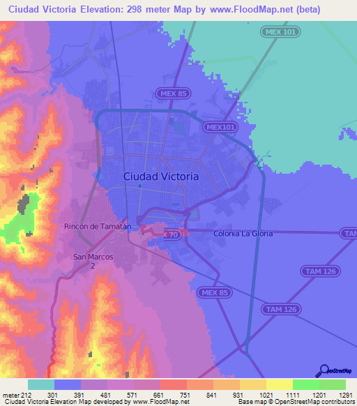 Ciudad Victoria,Mexico Elevation Map