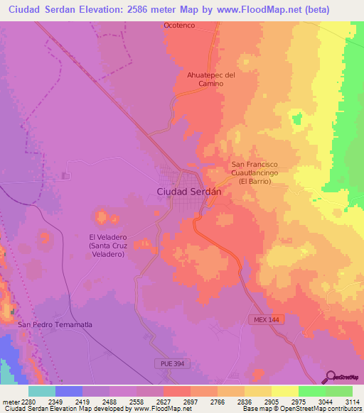 Ciudad Serdan,Mexico Elevation Map