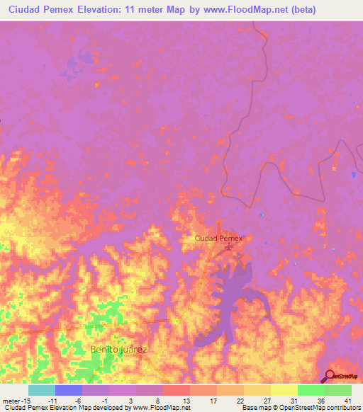 Ciudad Pemex,Mexico Elevation Map