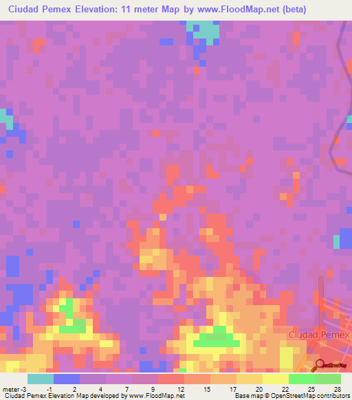 Ciudad Pemex,Mexico Elevation Map