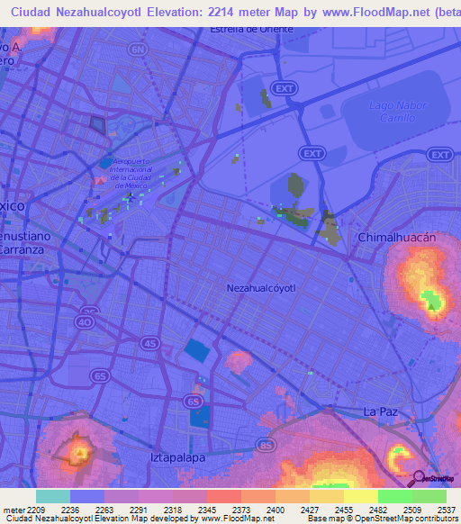 Ciudad Nezahualcoyotl,Mexico Elevation Map