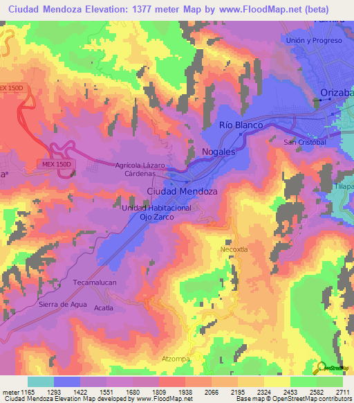 Ciudad Mendoza,Mexico Elevation Map