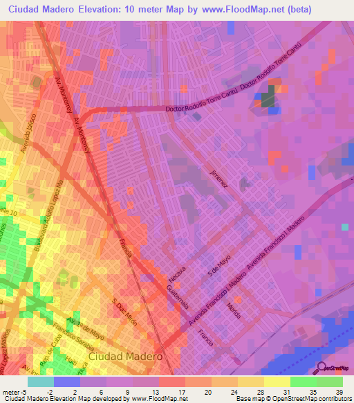 Ciudad Madero,Mexico Elevation Map