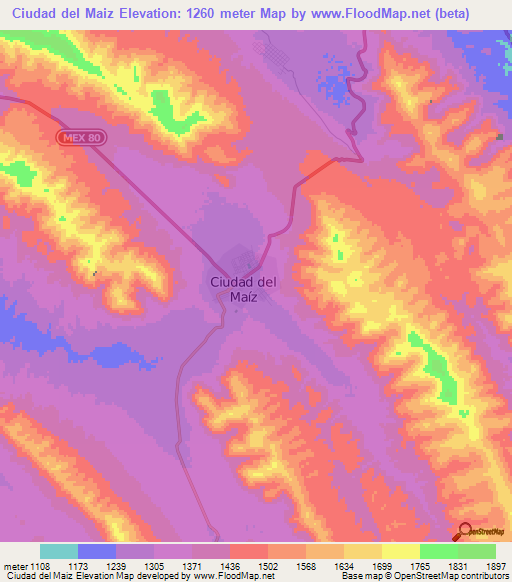 Ciudad del Maiz,Mexico Elevation Map