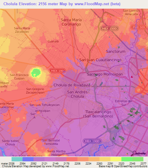 Cholula,Mexico Elevation Map