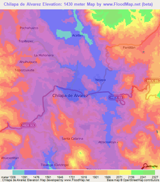 Chilapa de Alvarez,Mexico Elevation Map