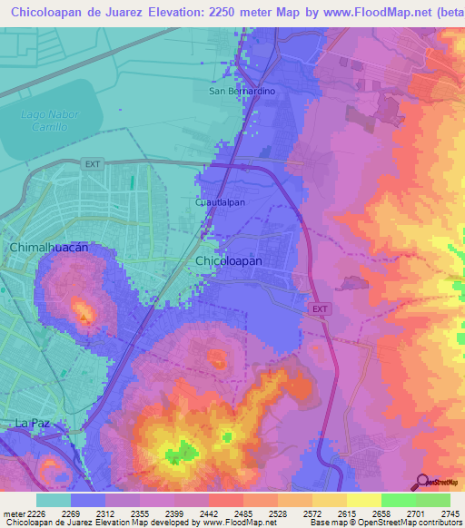 Chicoloapan de Juarez,Mexico Elevation Map