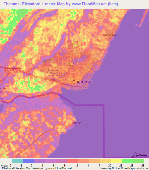 Chetumal,Mexico Elevation Map