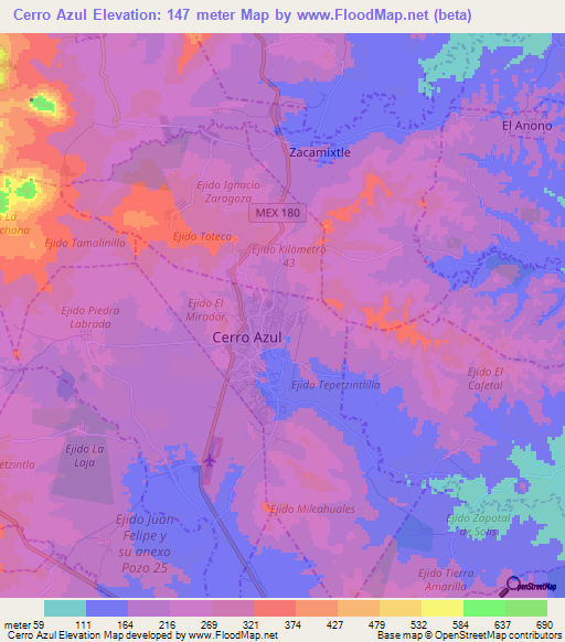 Cerro Azul,Mexico Elevation Map