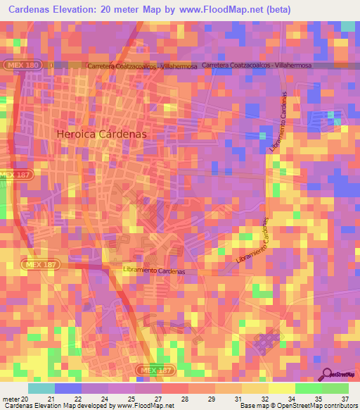 Cardenas,Mexico Elevation Map