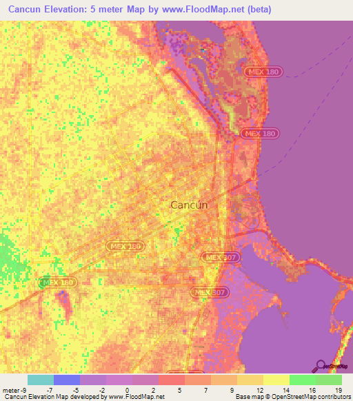 Cancun,Mexico Elevation Map