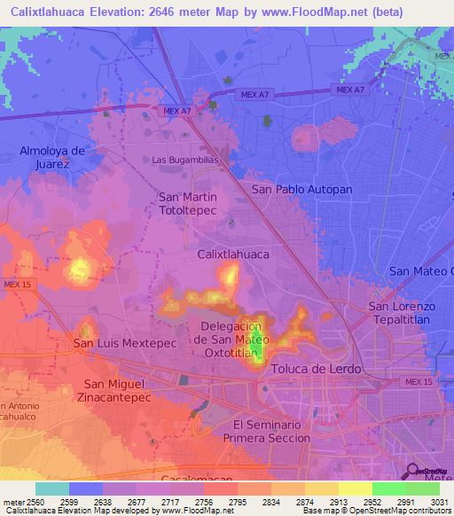 Calixtlahuaca,Mexico Elevation Map